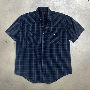 Plains Western Wear Navy Plaid Short Sleeve Pearl Button Down Shirt
